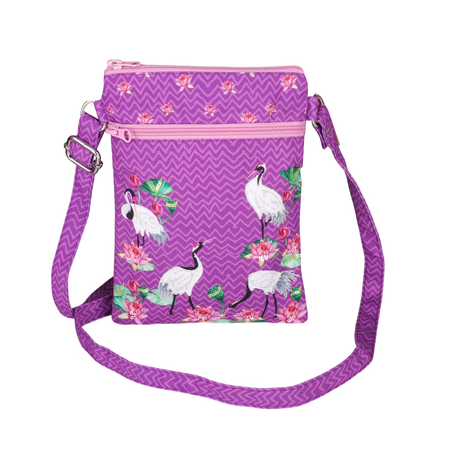 Purple Crane & Lotus Crossbody Bag