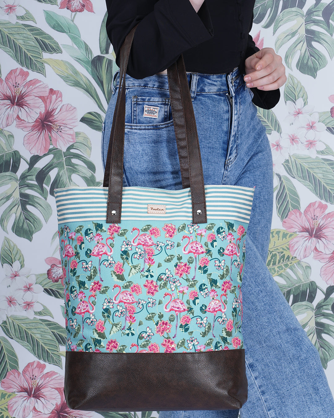 Tropical Flemingo Shoulder Pu Bottom Tote Bag