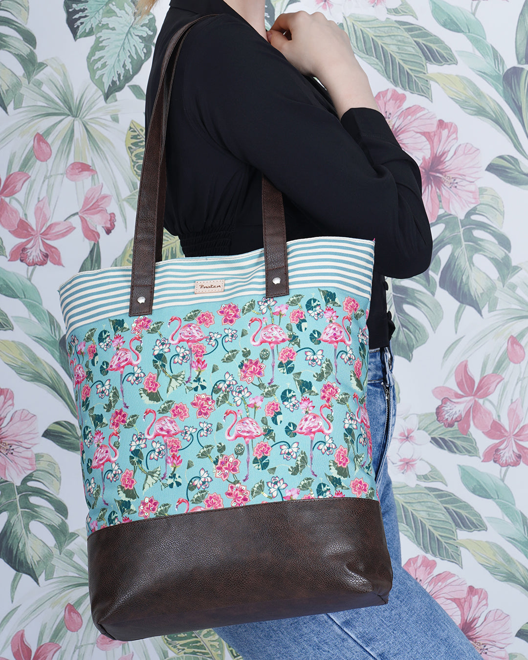 Tropical Flemingo Shoulder Pu Bottom Tote Bag
