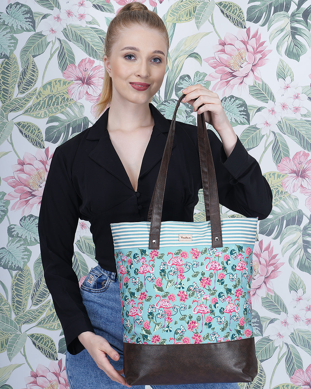 Tropical Flemingo Shoulder Pu Bottom Tote Bag