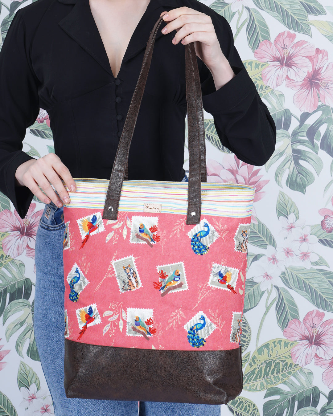 Jungle Stamp Shoulder Pu Bottom Tote Bag
