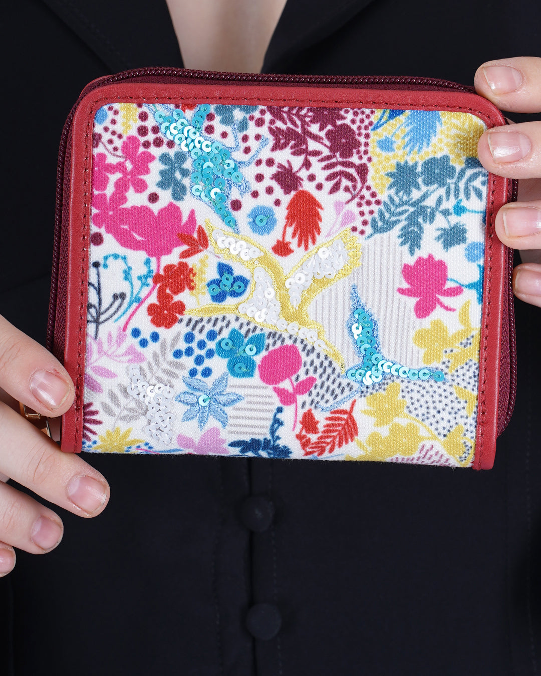 floral Crane Top Zip Wallet
