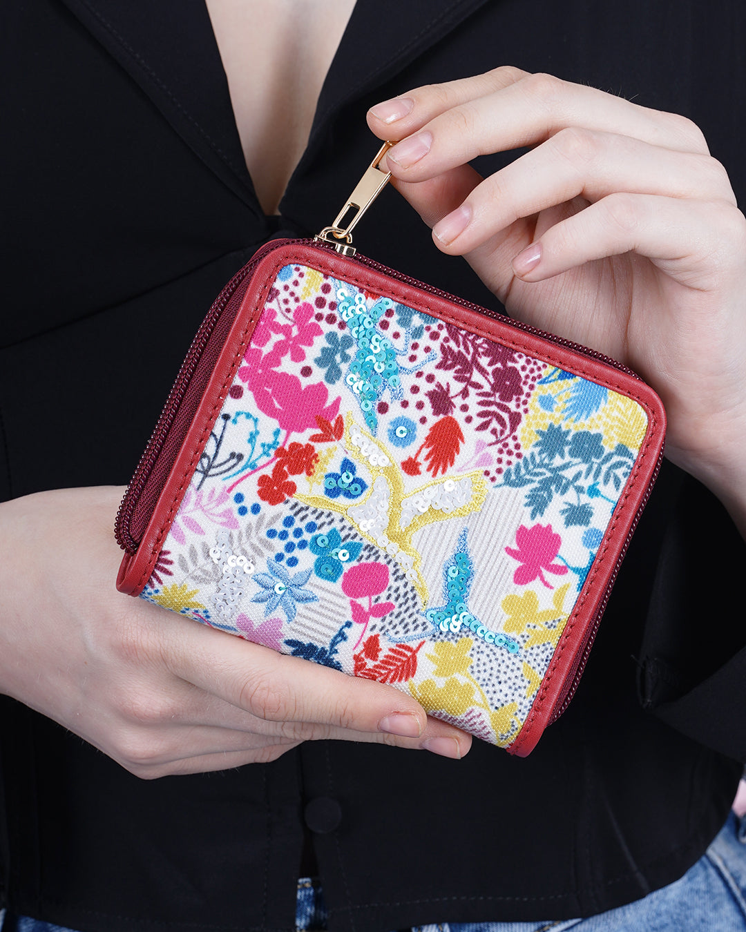 floral Crane Top Zip Wallet