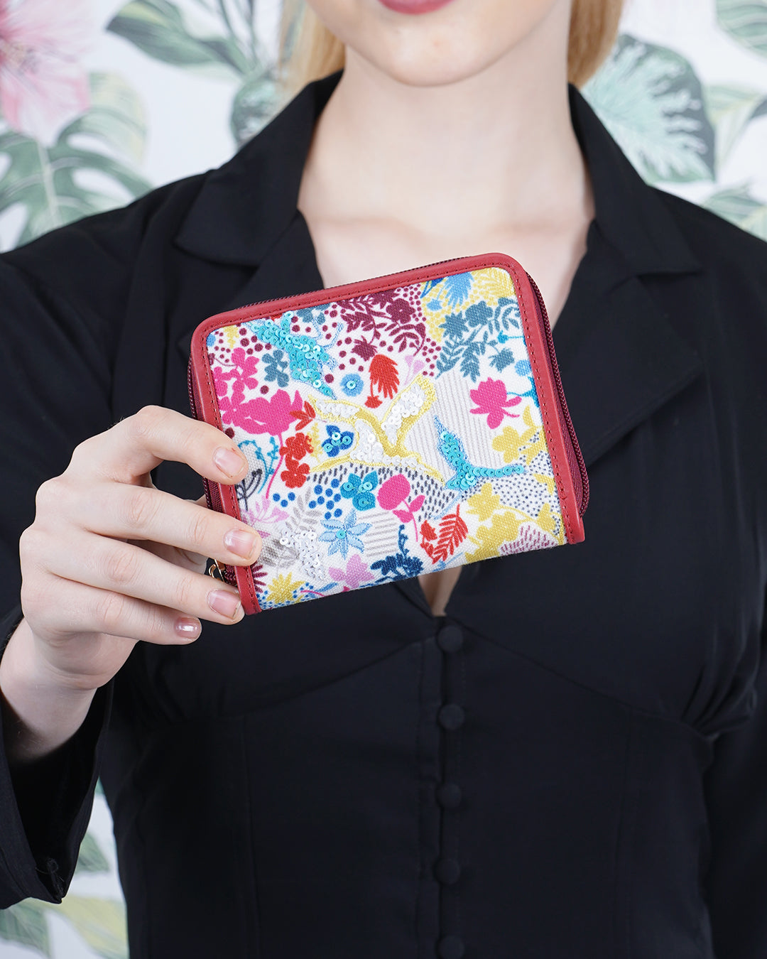 floral Crane Top Zip Wallet