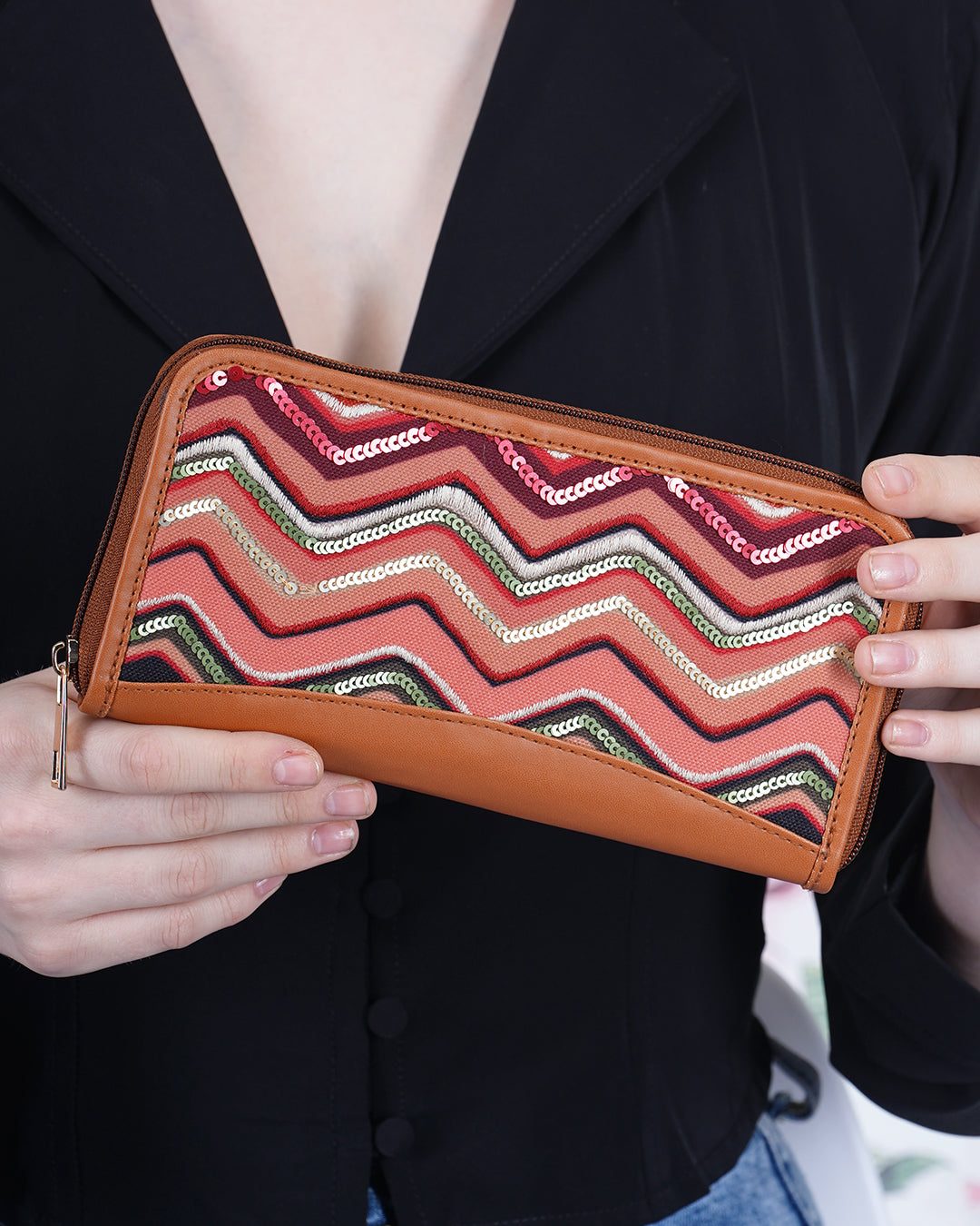 Multicolor Wave Top Zip Clutch Wallet