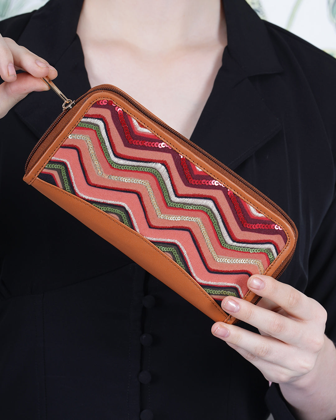 Multicolor Wave Top Zip Clutch Wallet