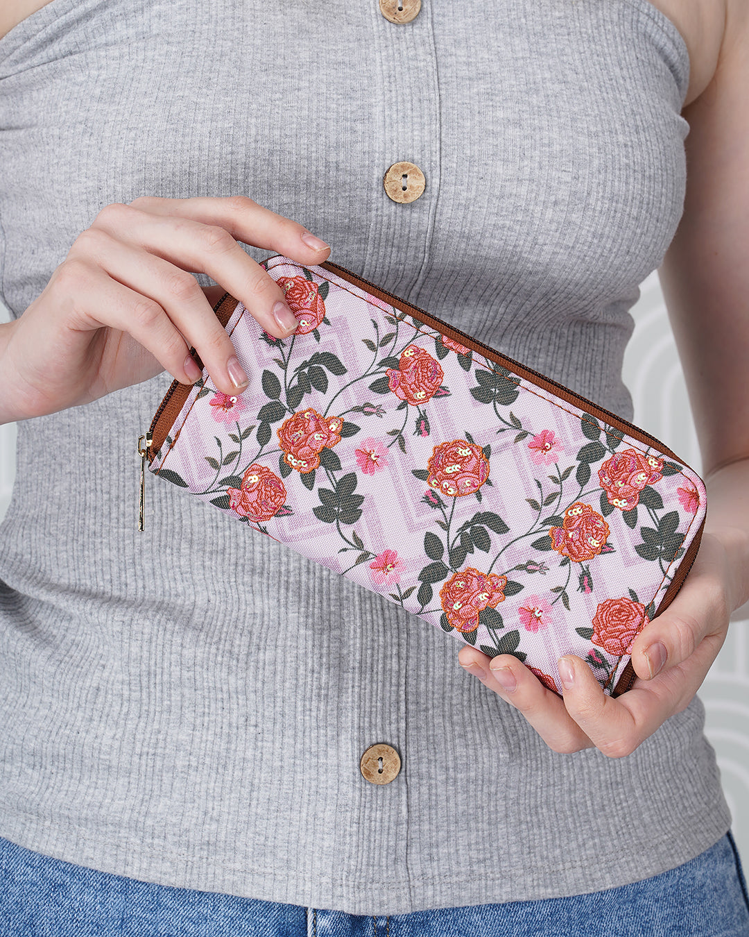 Cheveron Roses Top Zip Large Wallet