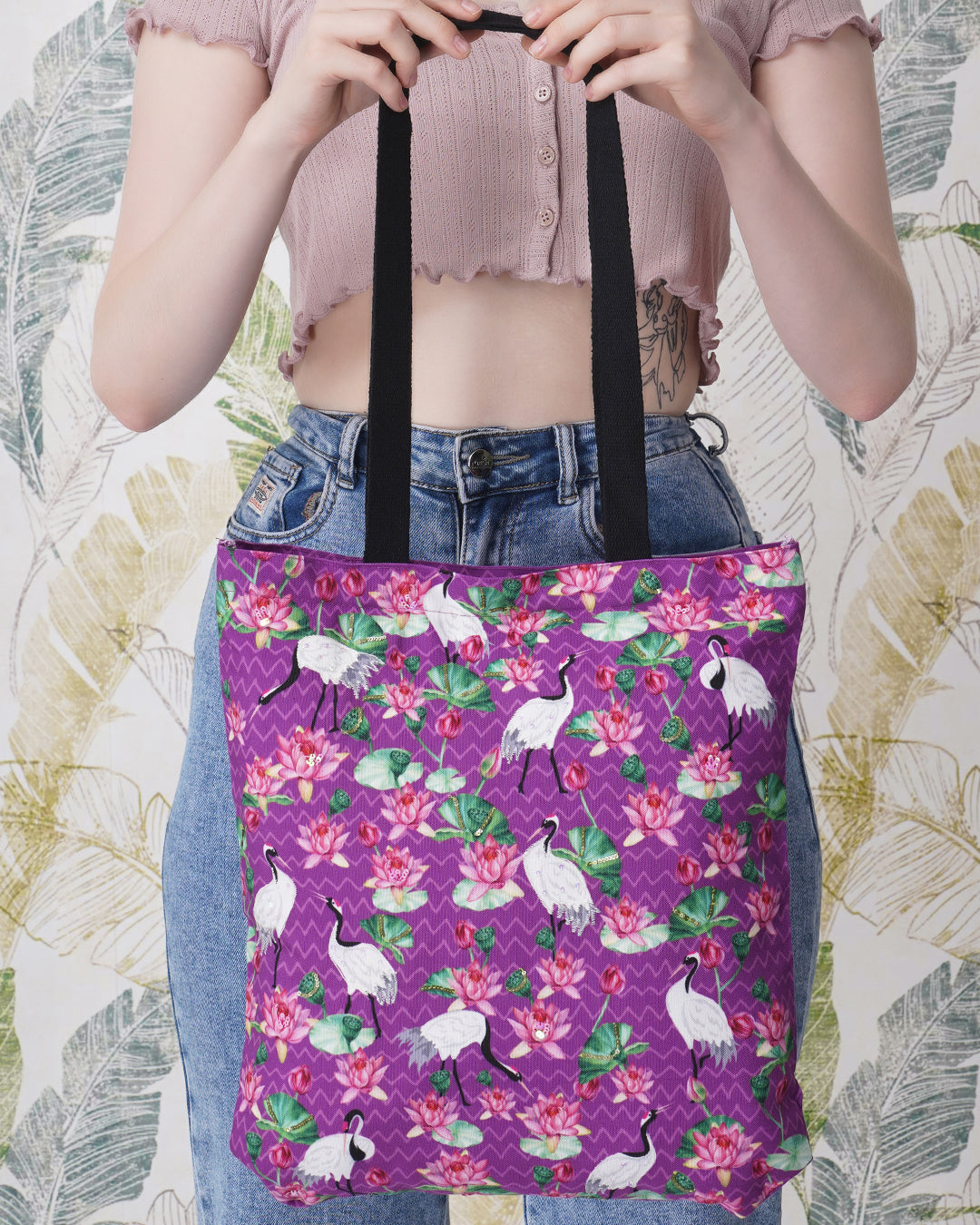 Crane With Lotus Tote Bag