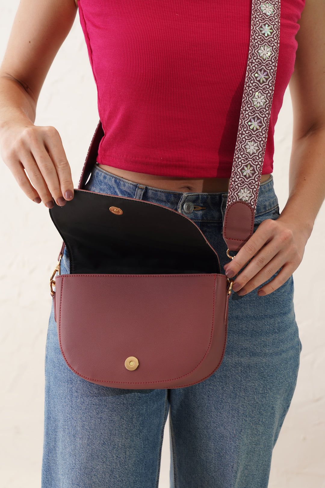 Rose Pink Embroidered Handle Sling Bag