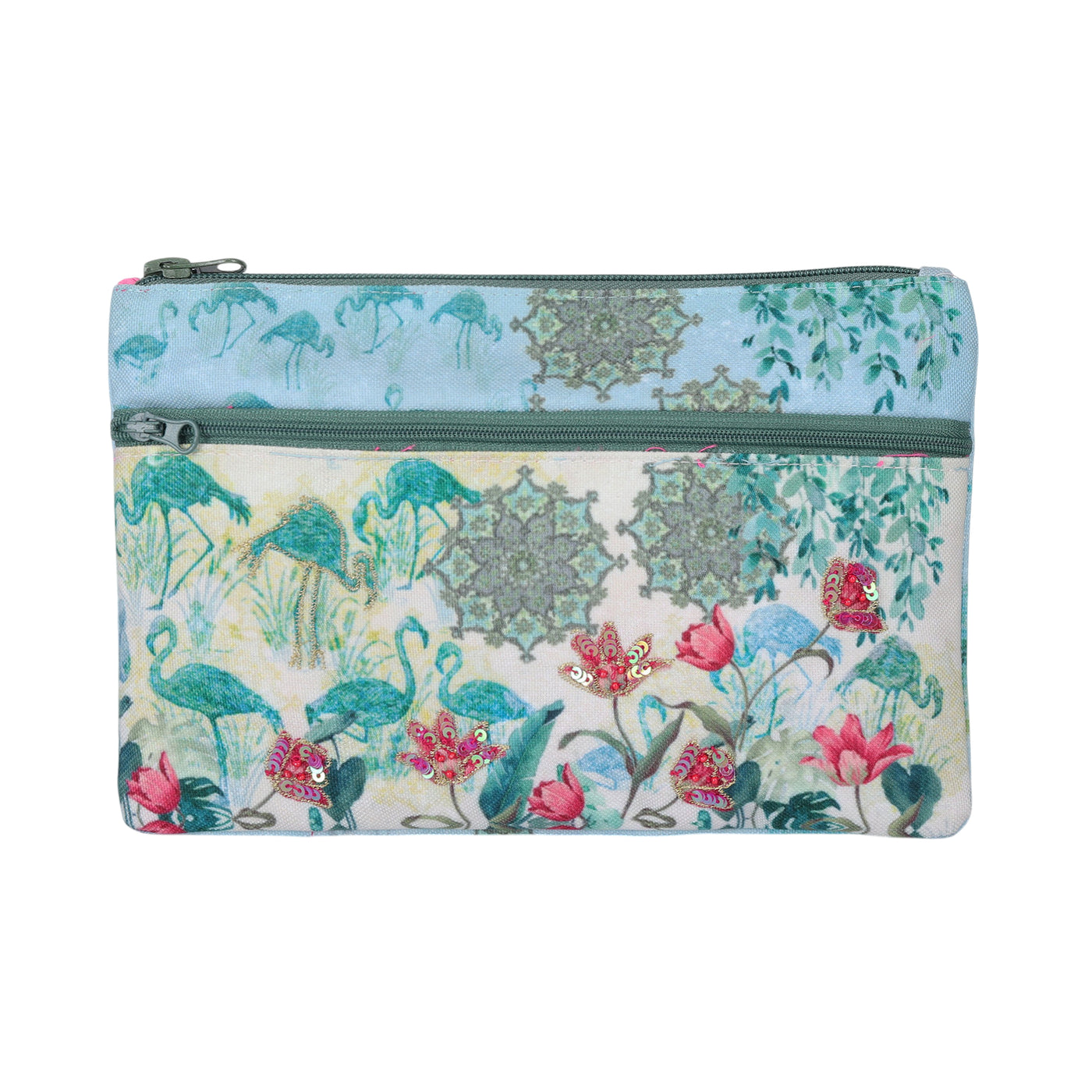 2 zipper Ethenic Flamingo Pouch