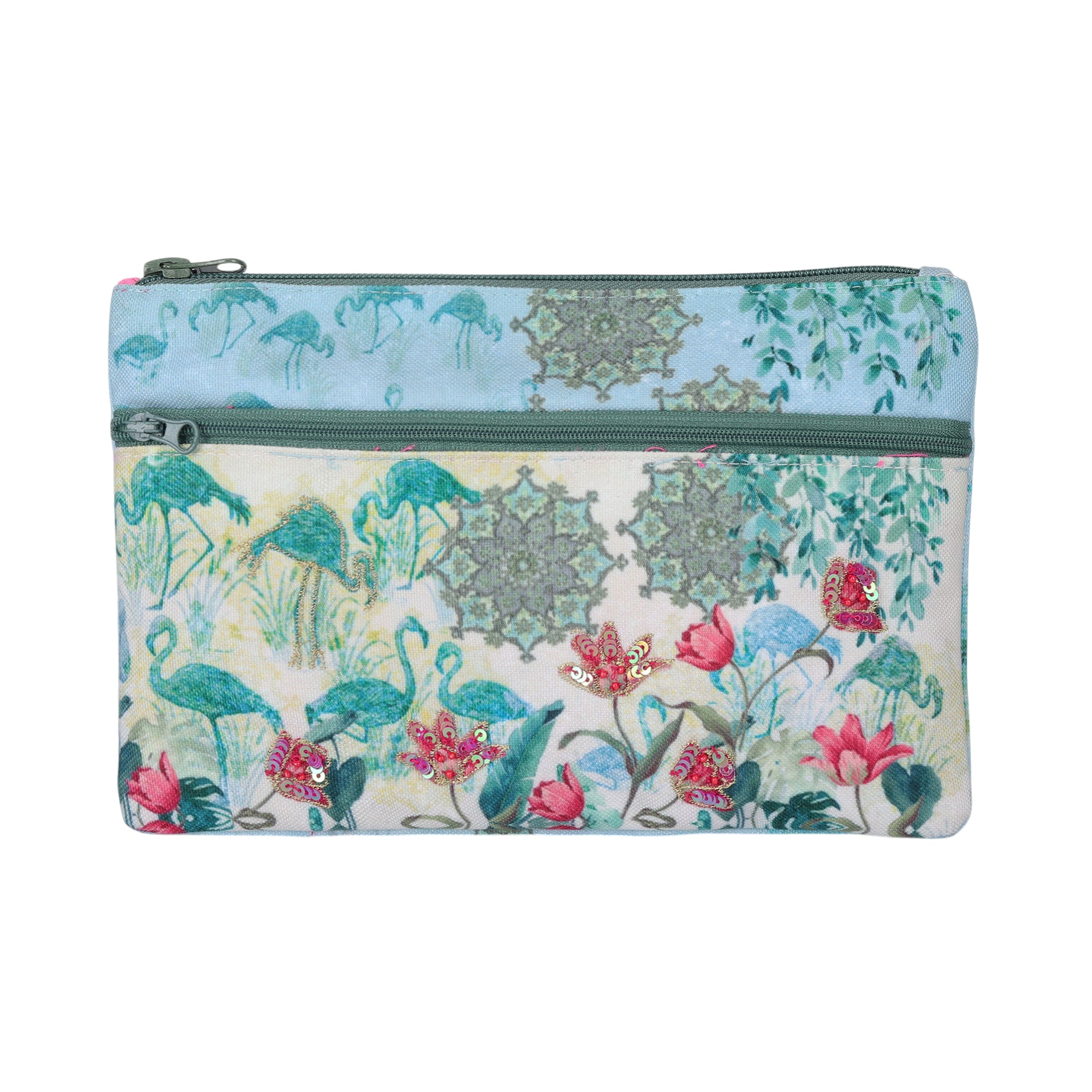 2 zipper Ethenic Flamingo Pouch