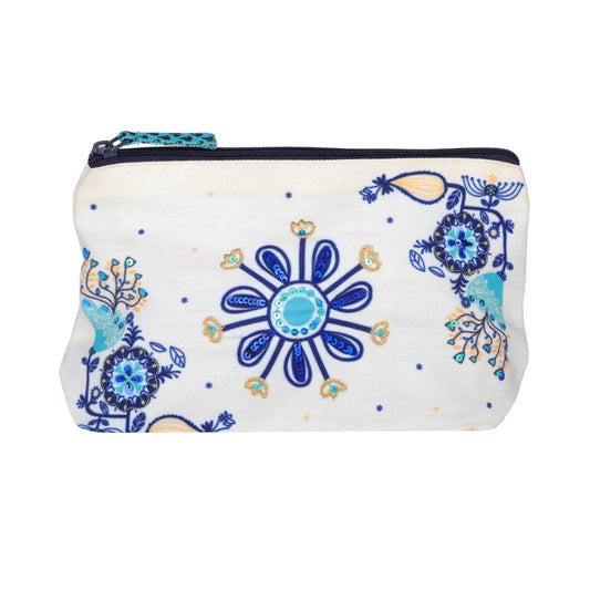 Blue Blossom Folk Art Cosmetic Pouch