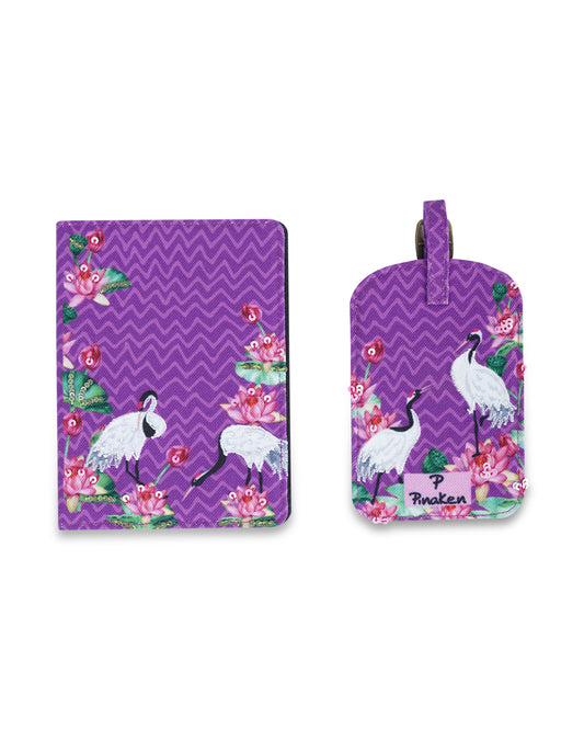 Crane With Lotus  Passport Holder And Luggage Tag Set Of 2 Combo