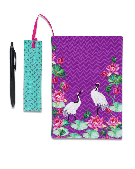 Crane With Lotus Fabric Notebook 8 X 6"