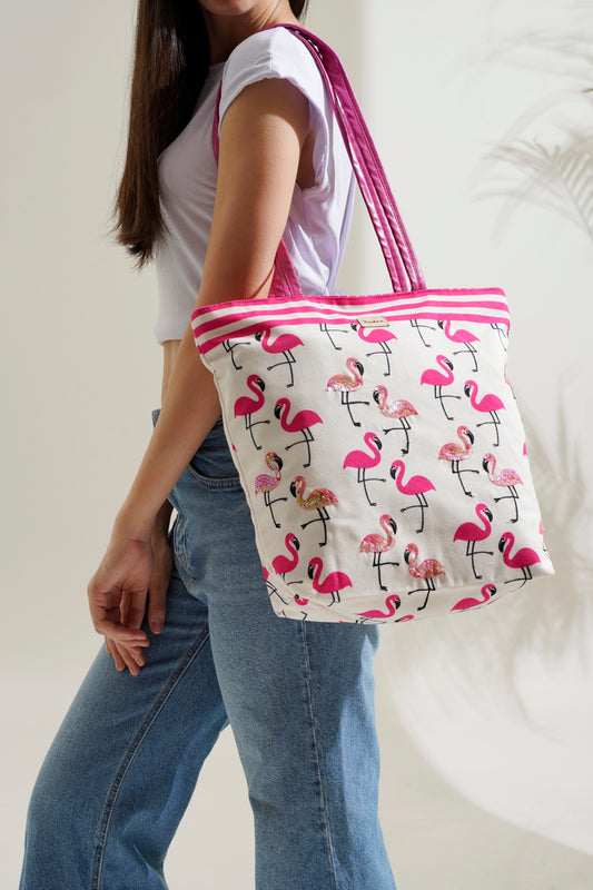 Flamingo Blush with Vegan Leather Handle Tote Bag